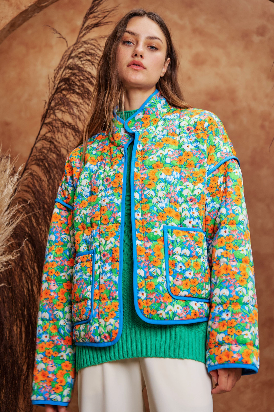 Retro Floral Print Quilted Jacket