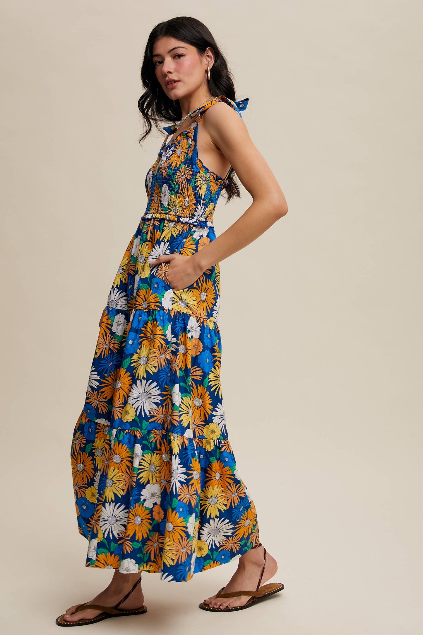 Bold Floral Smocked Maxi Sun Dress