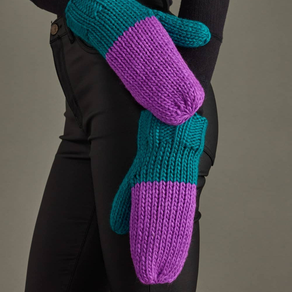 Purple & Teal Color Block Knit Mittens