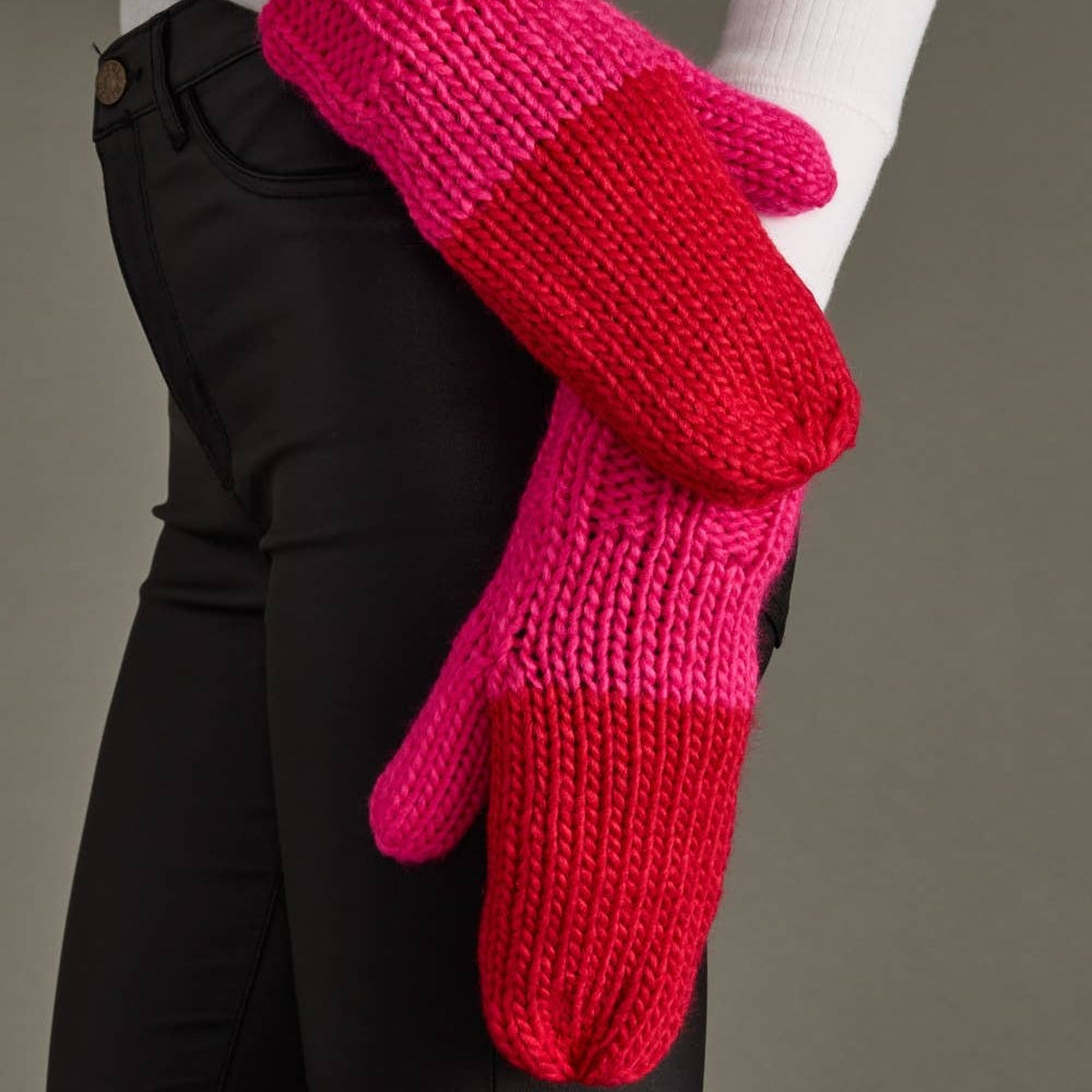 Red & Pink Color Block Knit Mittens
