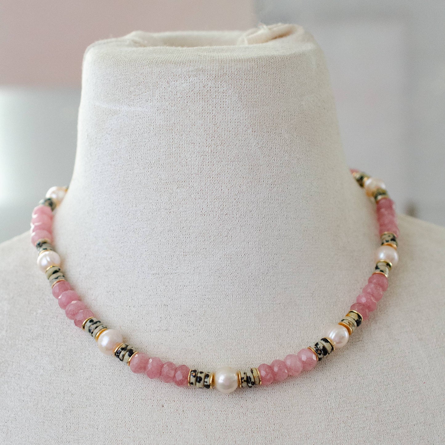Light Pink Pearl and Dalmatian Statement Necklace