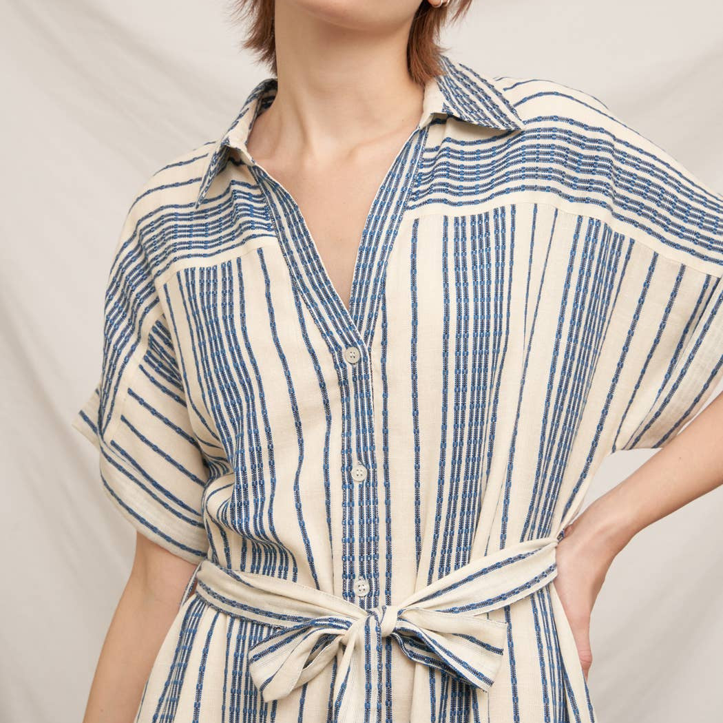 Striped Belted Shirt Midi Dress