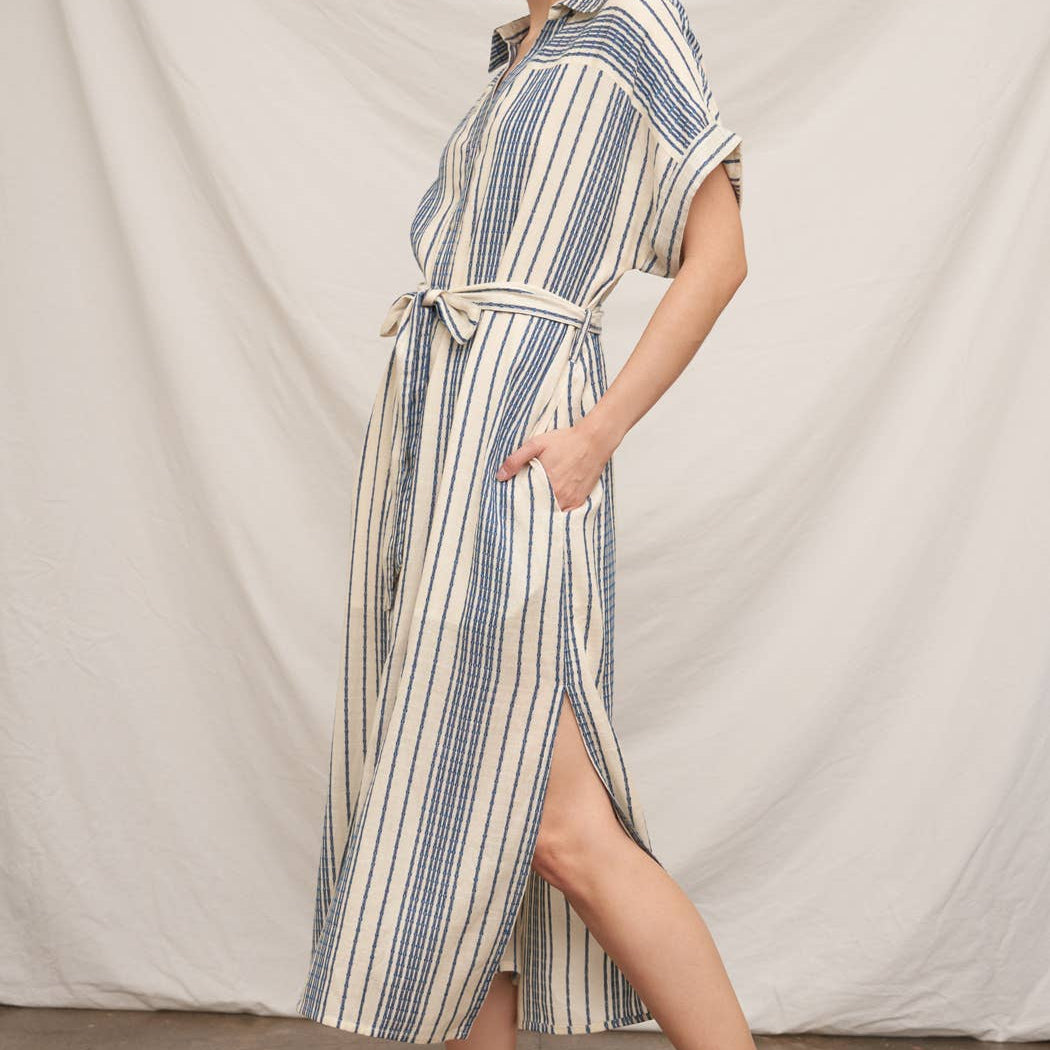 Striped Belted Shirt Midi Dress