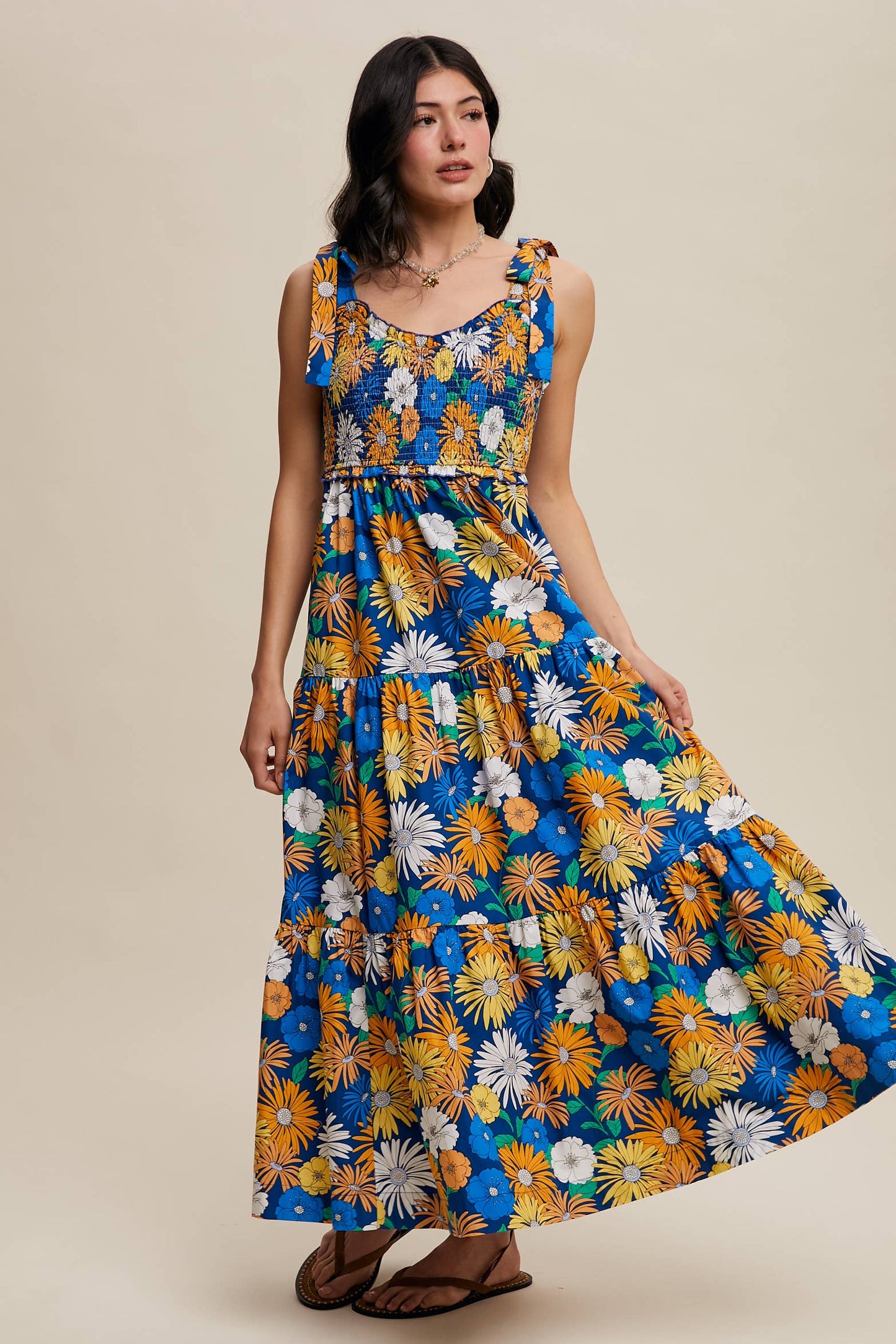 Bold Floral Smocked Maxi Sun Dress