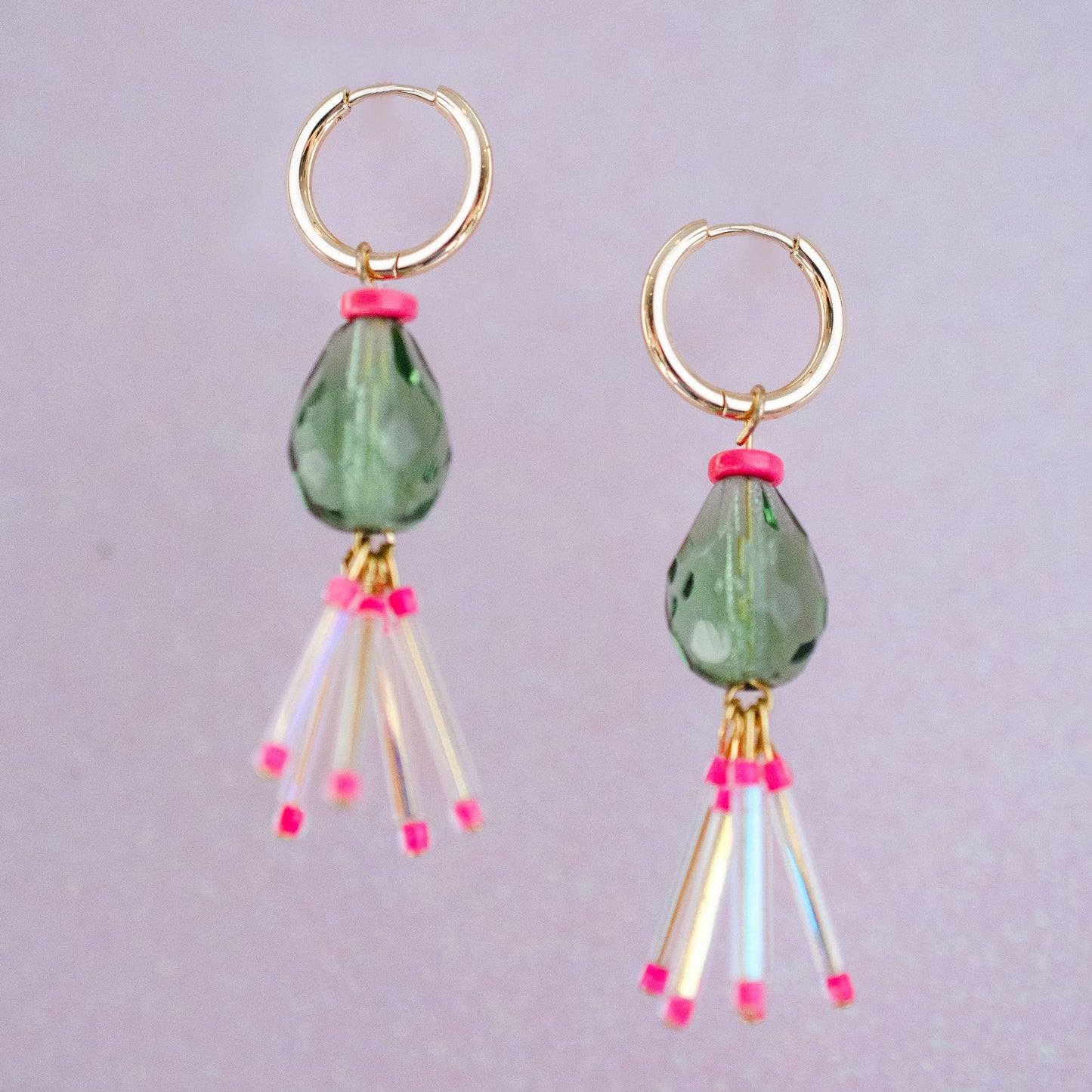 Hot Pink and Green Fringe Earrings