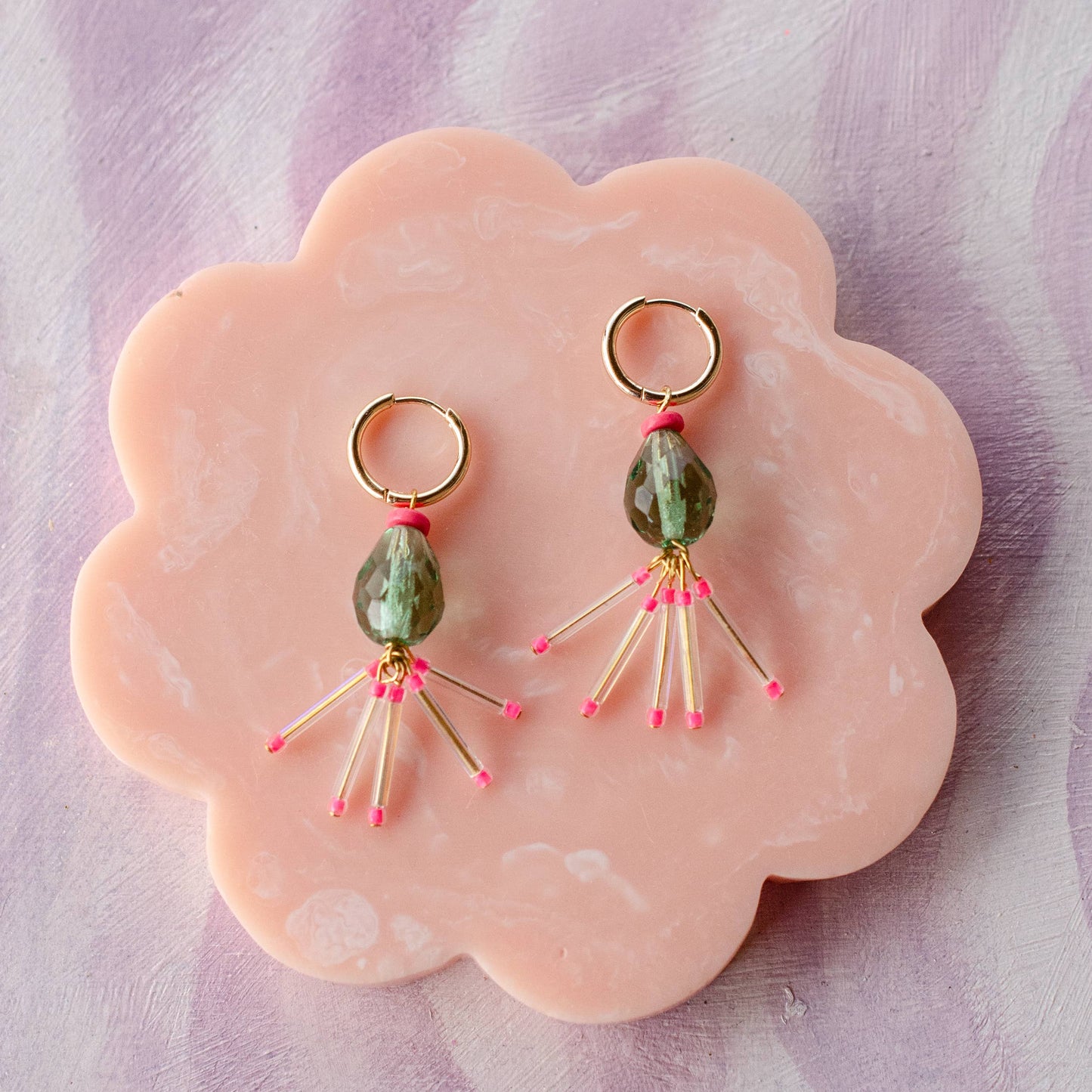Hot Pink and Green Fringe Earrings