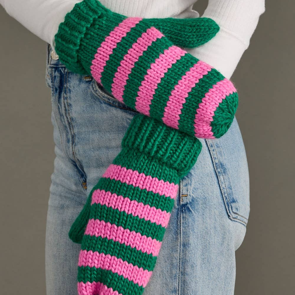 Green & Pink Striped Mittens