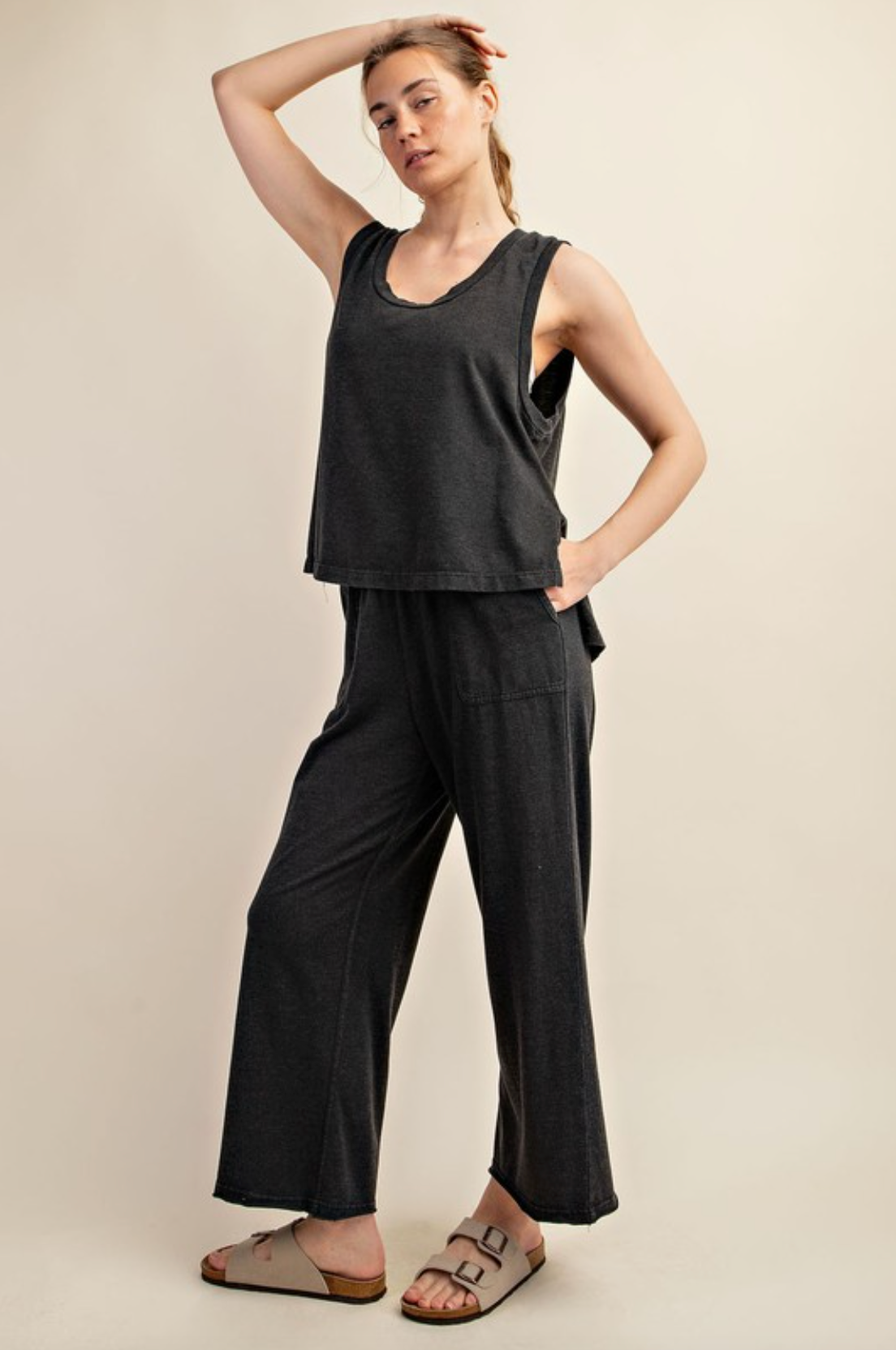 Black Sleeveless Mineral Washed Top