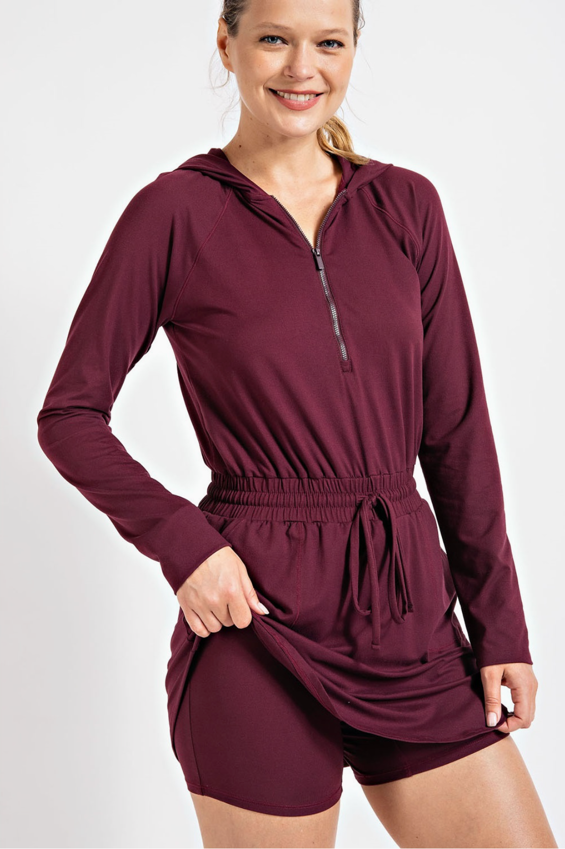 Cassis Butter Longsleeve Romper with Hoodie