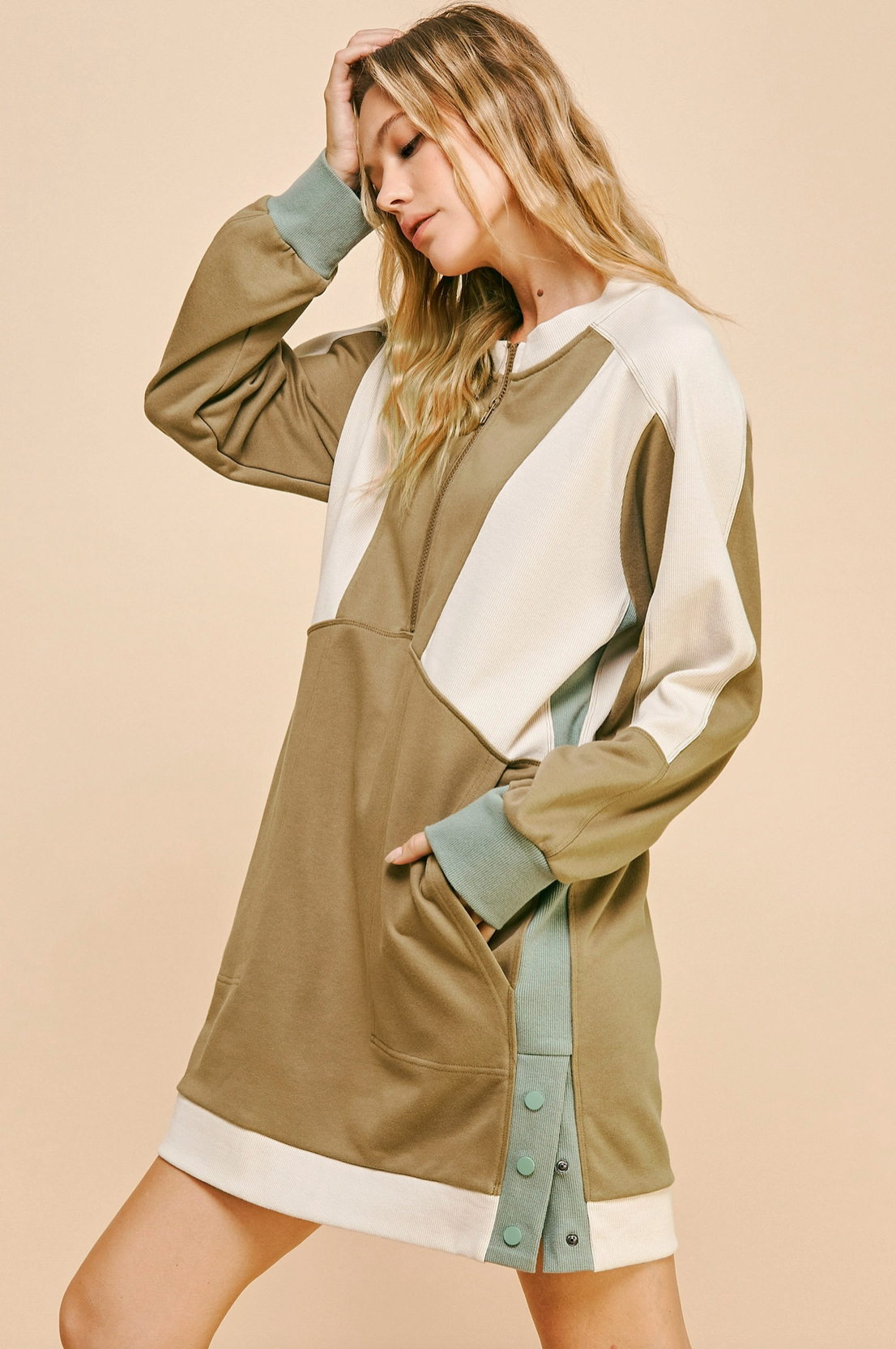 Mocha Color Block Zip Sporty Sweatshirt Dress