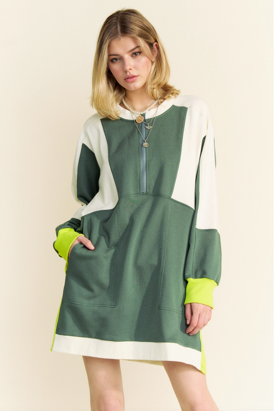 Olive Color Block Zip Sporty Sweatshirt Dress