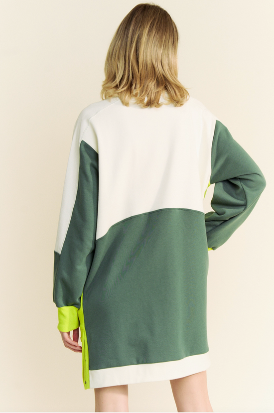 Olive Color Block Zip Sporty Sweatshirt Dress