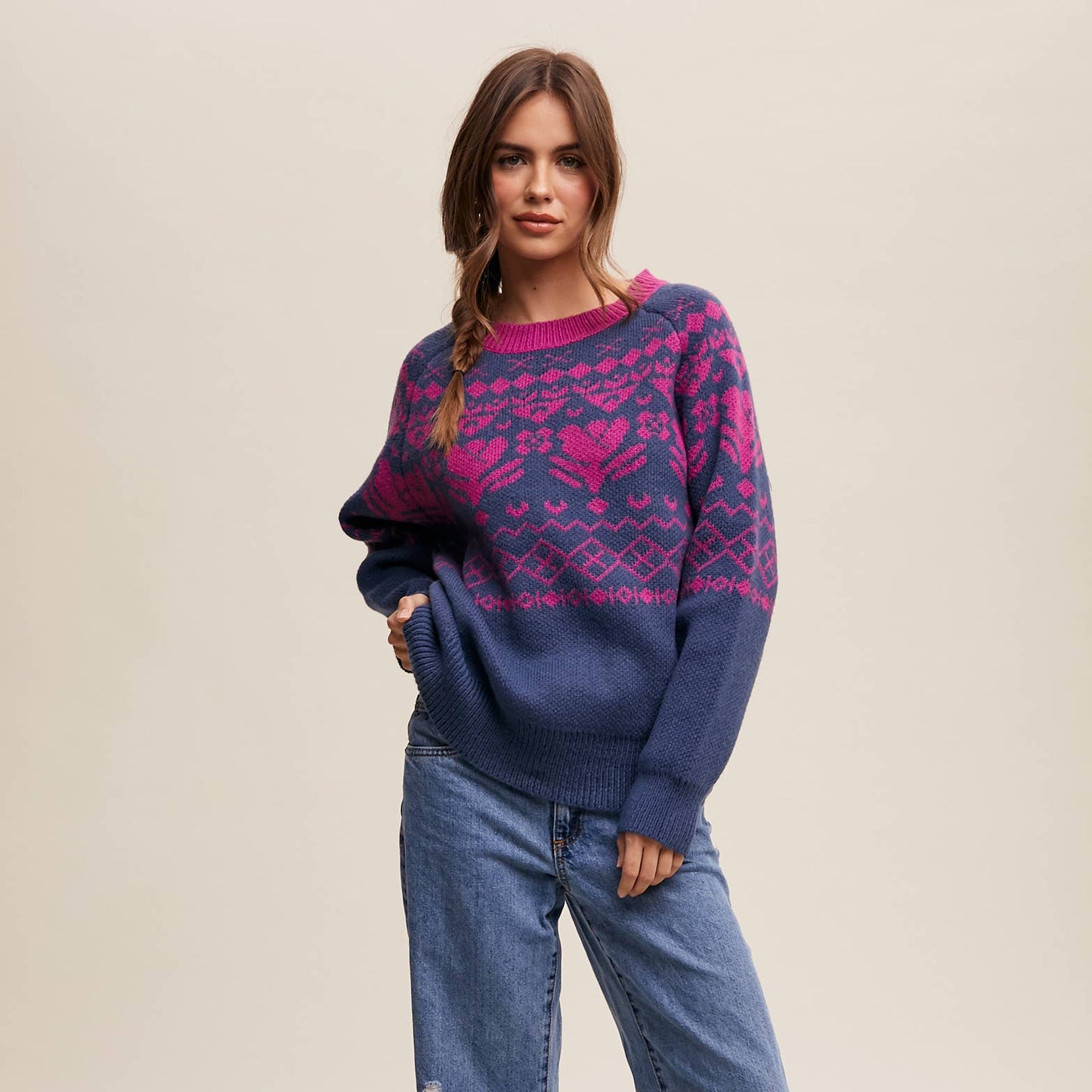 Fair Isle Heart Knit Pullover Sweater