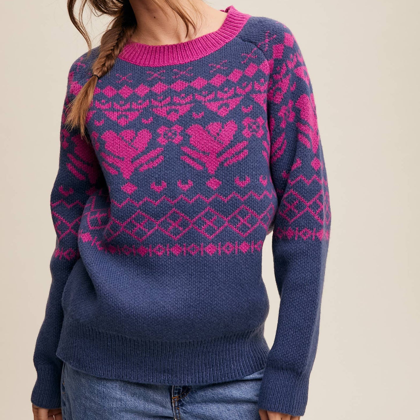 Fair Isle Heart Knit Pullover Sweater