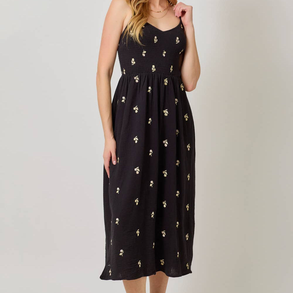 Black Embroidered Double Gauze Smocked Dress