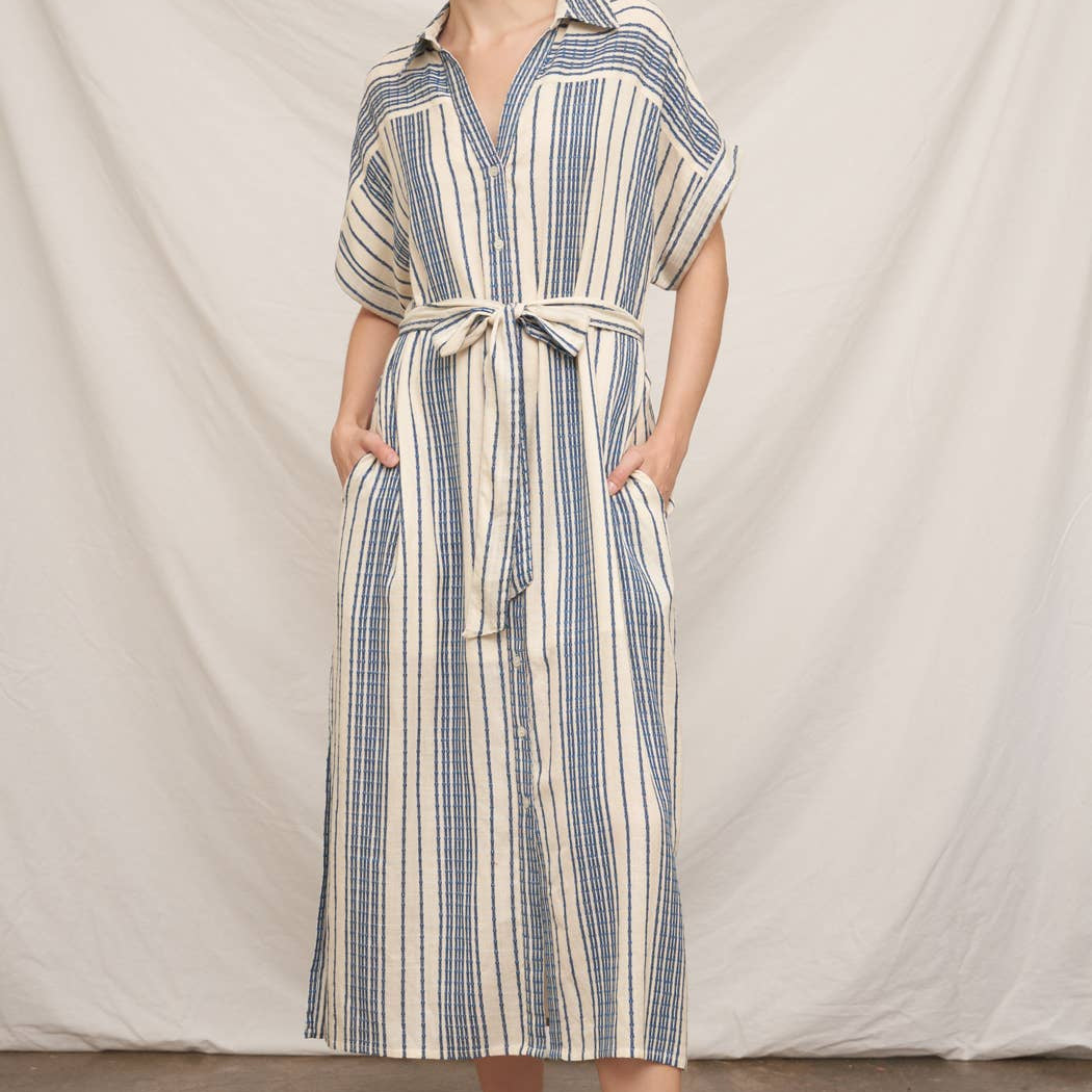 Striped Belted Shirt Midi Dress