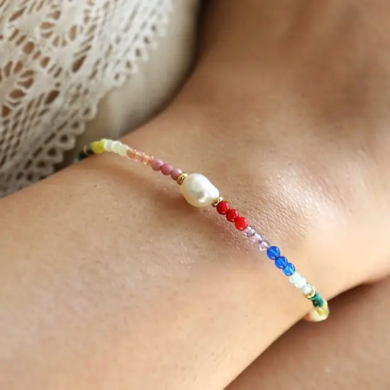 Rainbow Semi-Precious Beads and Freshwater Pearl Bracelet