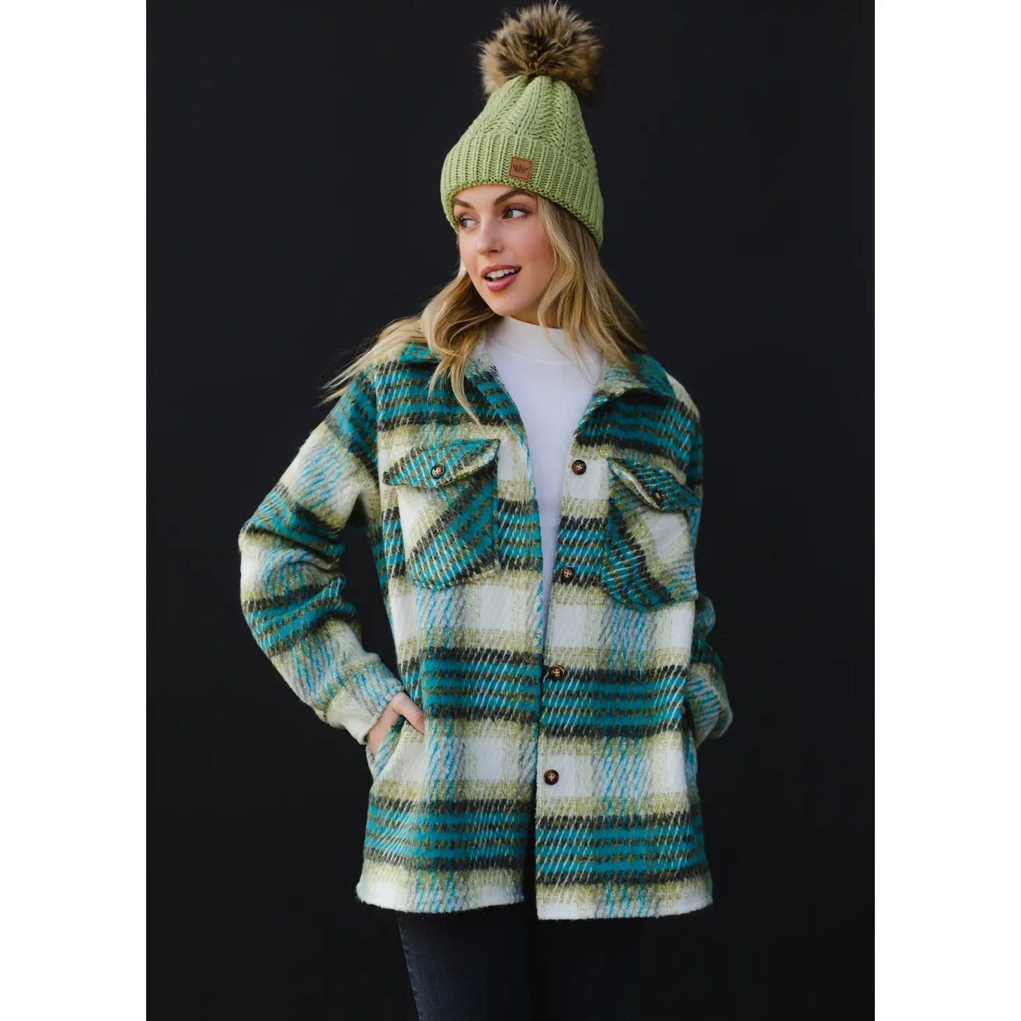 Load image into Gallery viewer, Turquoise, Green &amp;amp; Cream Plaid Jacket
