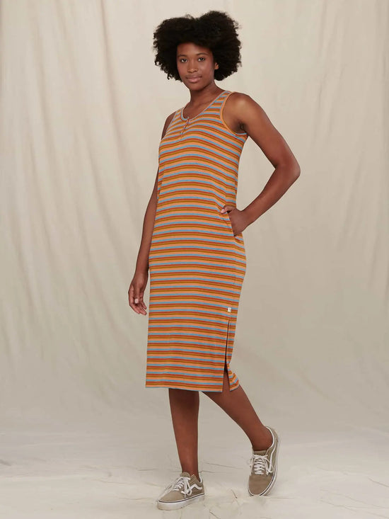 Load image into Gallery viewer, Piru Henley Midi Tank Dress Papaya Stripe

