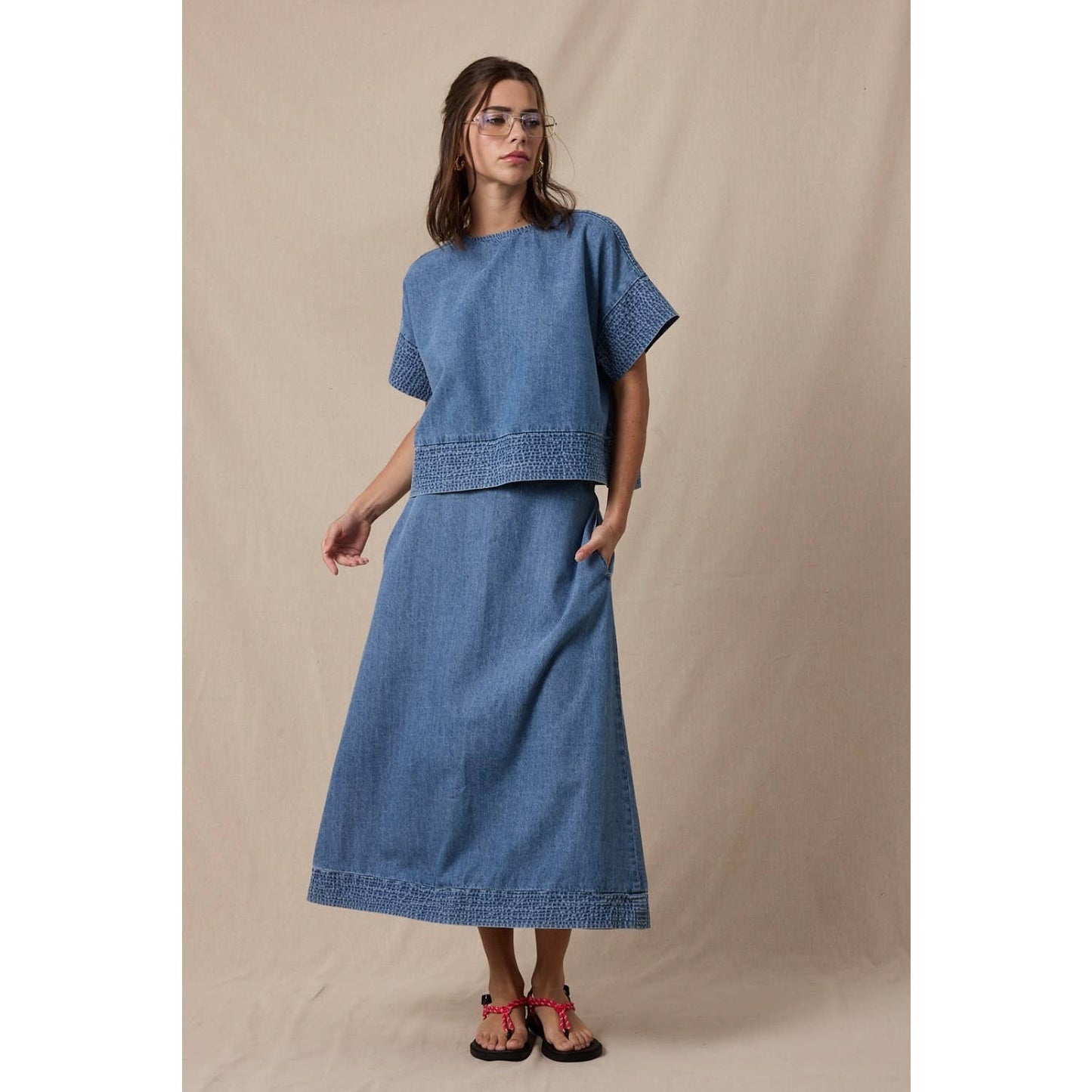 Cotton Demin Midi Skirt