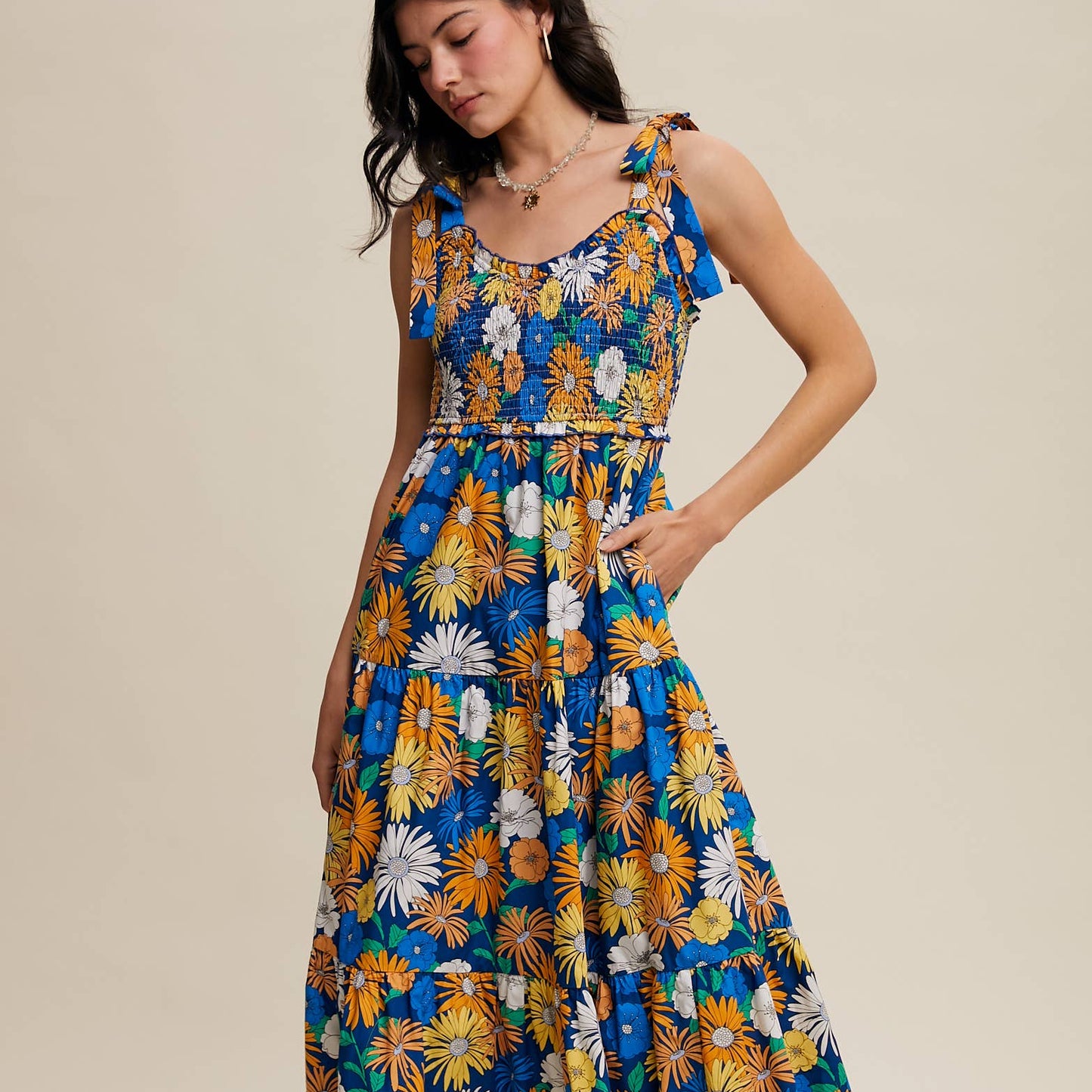 Bold Floral Smocked Maxi Sun Dress