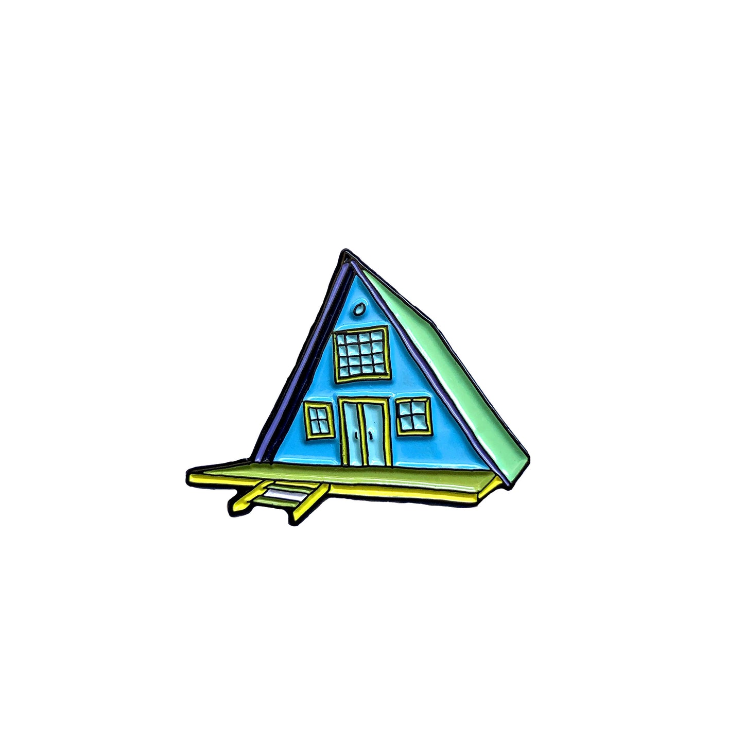 Camping pin in the shape of an a-frame cabin