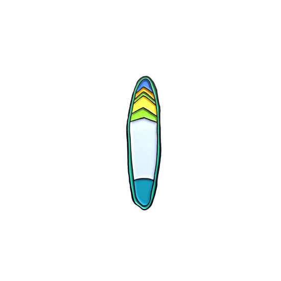 Enamel pin in the shape of a paddle board